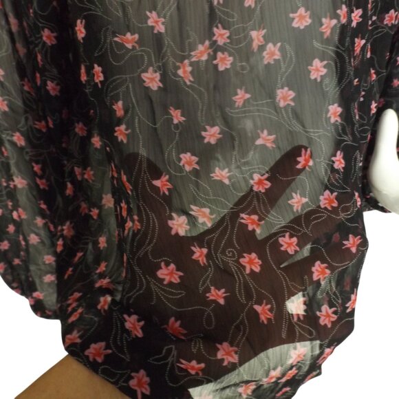ELIZABETH & JAMES Blouse, L, Sheer Black/Pink Floral, Smocked Neck, Long sleeeve - Picture 7 of 12